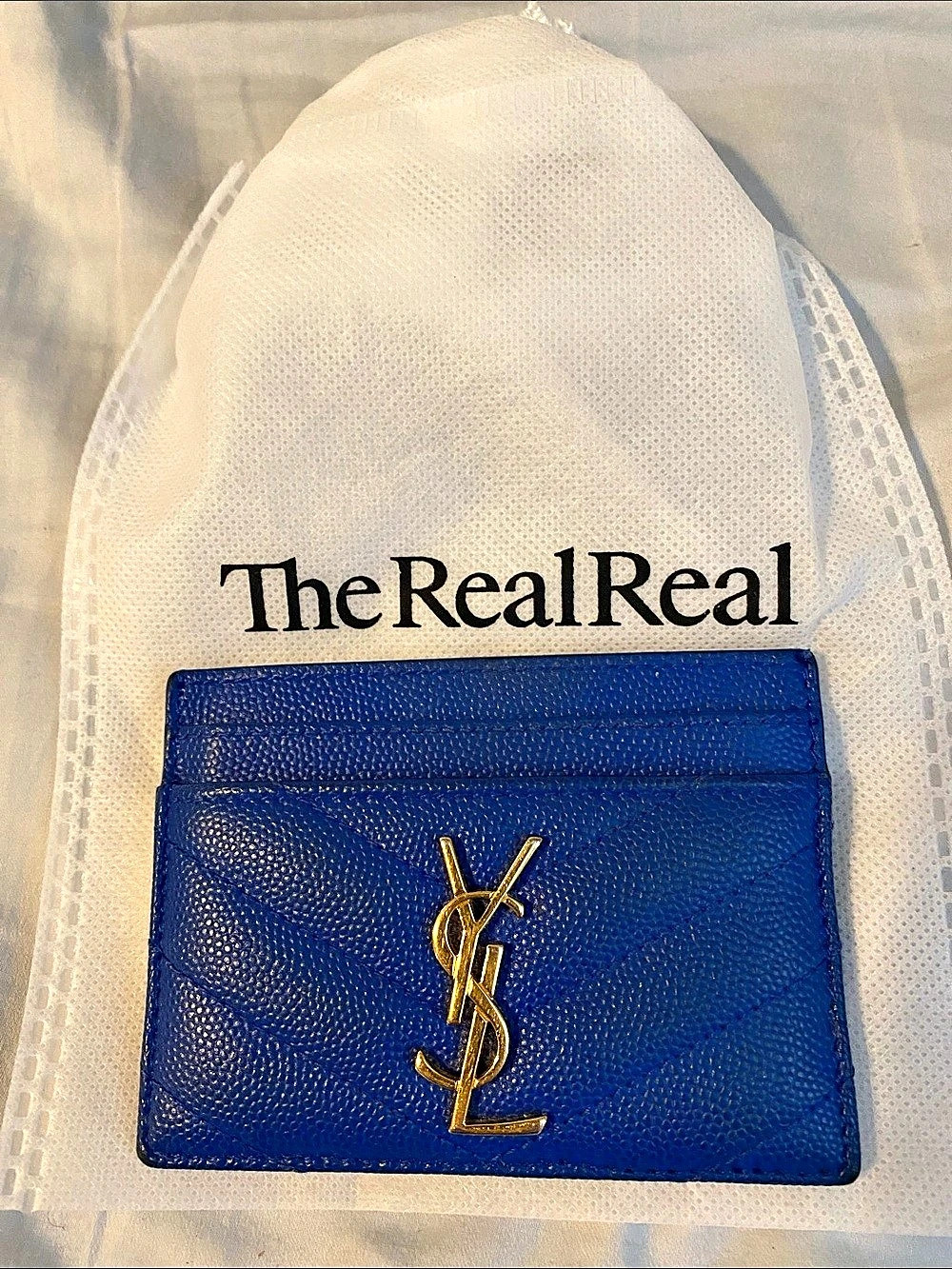 Yves Saint Laurent Cassandre Matelassé Card Case in Grain de Poudre Leather Blue